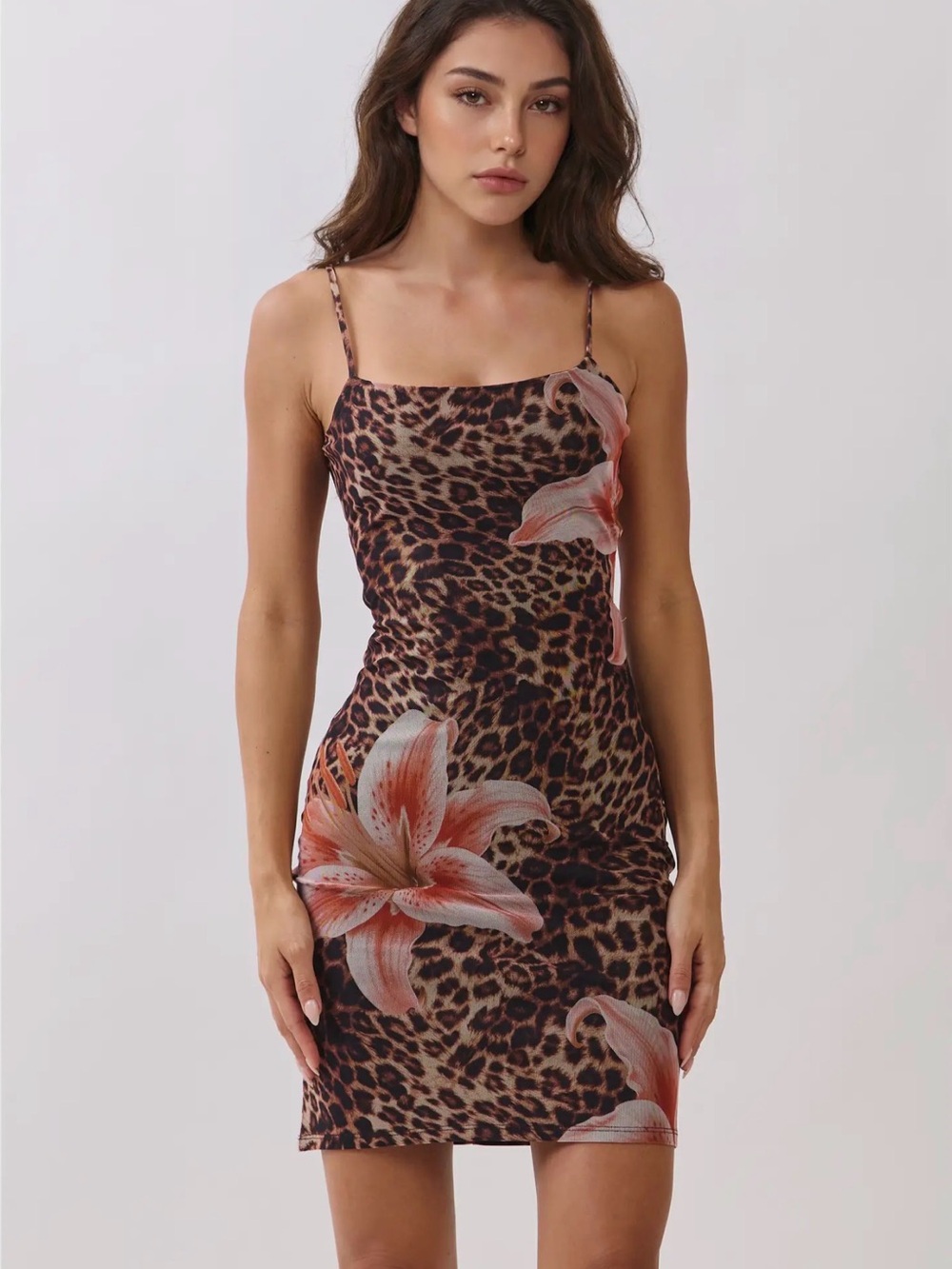 Leopard Print Floral Slip Dress - Brown